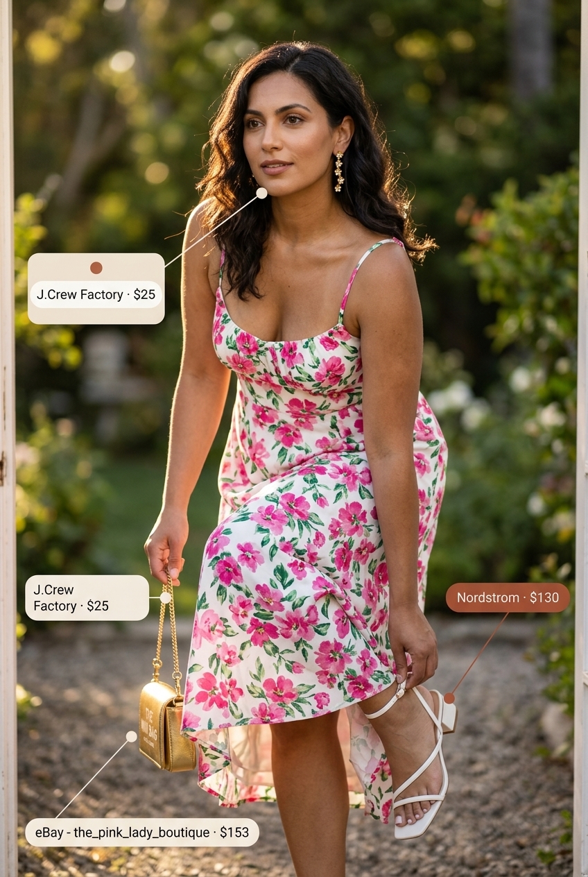 Polished patio party set for summer outfits with sandals for women 2026. Pink floral skirt set, white block heels, gold bag.