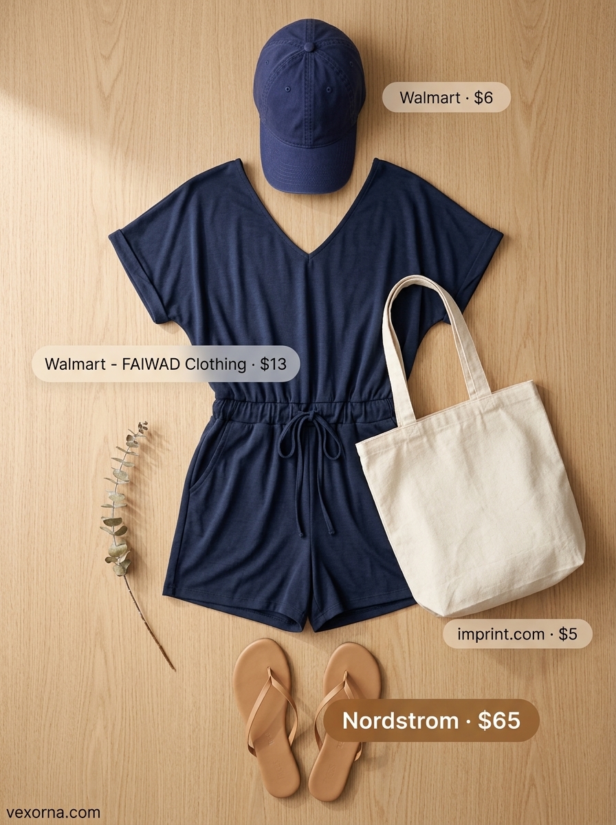 Casual romper and sneakers for summer outfits with sandals for women 2026. Navy blue romper, tan tote, versatile sandals.