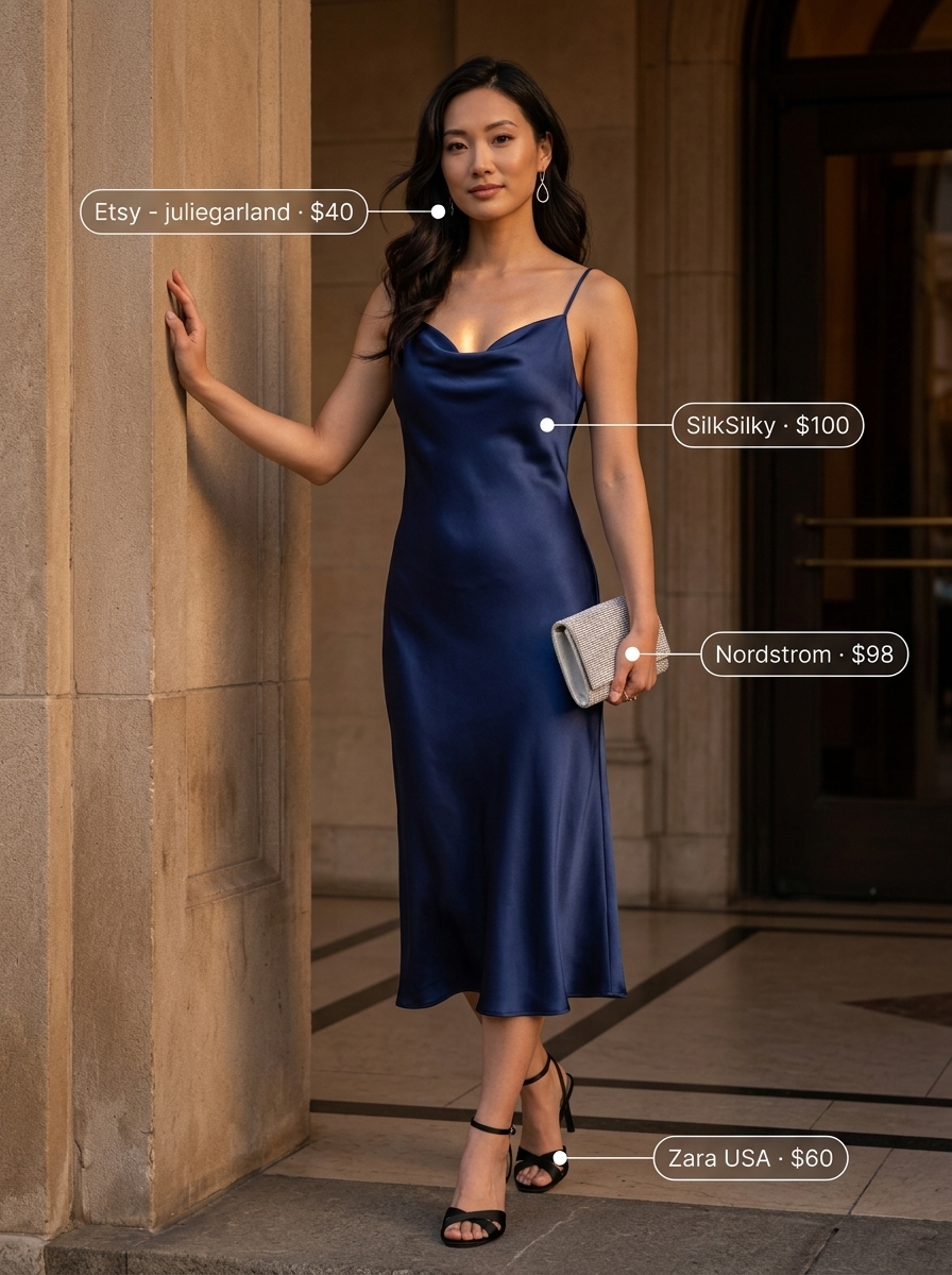 Elegant slip dress for summer outfits with sandals for women 2026. Navy blue satin dress, silver heeled sandals, beaded clutch.