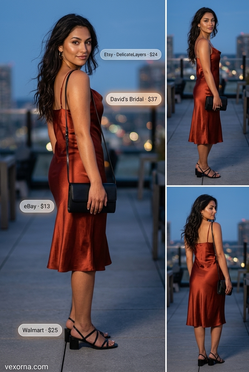 Glamorous summer outfits with sandals for women 2026: slip dress, heeled sandals, clutch, gold earrings.