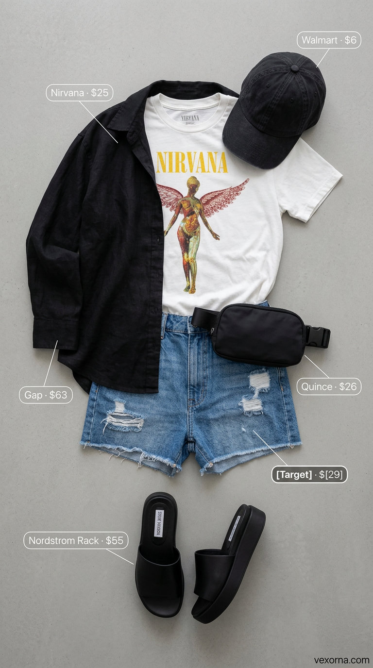 Casual edgy streetwear summer outfits with sandals for women 2026: denim shorts, graphic tee, linen shirt, baseball cap, crossbody bag.