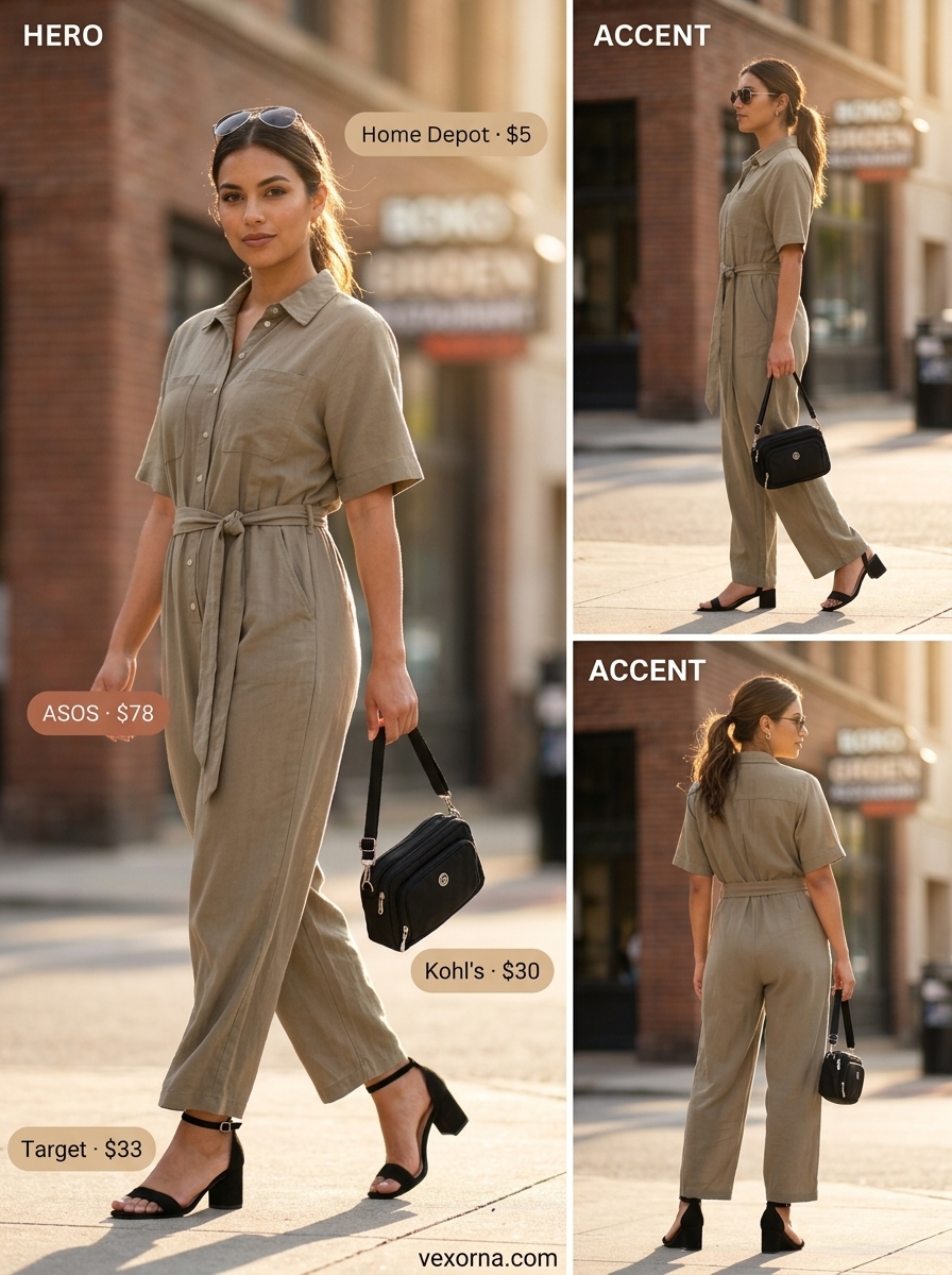 Chic khaki utility jumpsuit with block heel sandals & crossbody bag. Summer outfits with sandals for women 2026.