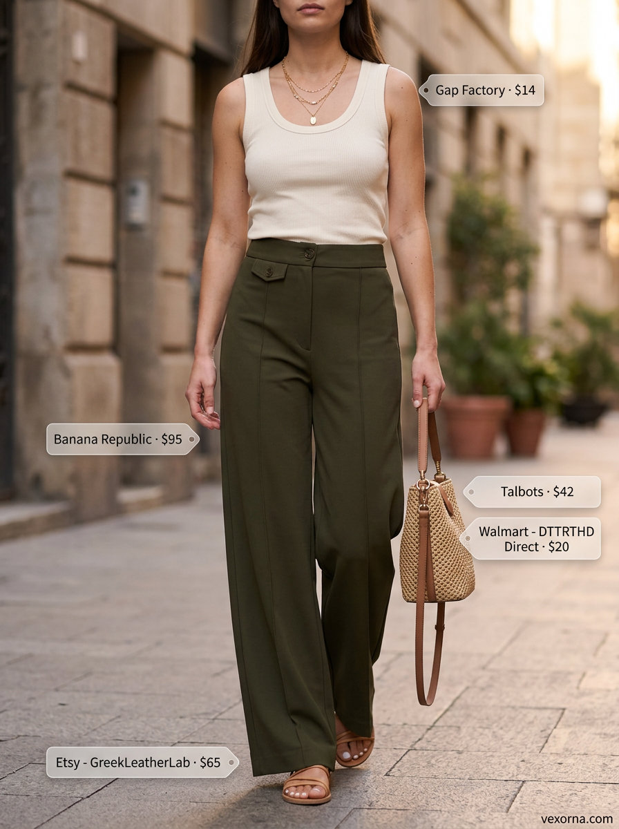 Sophisticated summer outfits with sandals for women 2026: wide leg pants, knit tank, leather sandals, woven bag, gold necklaces.