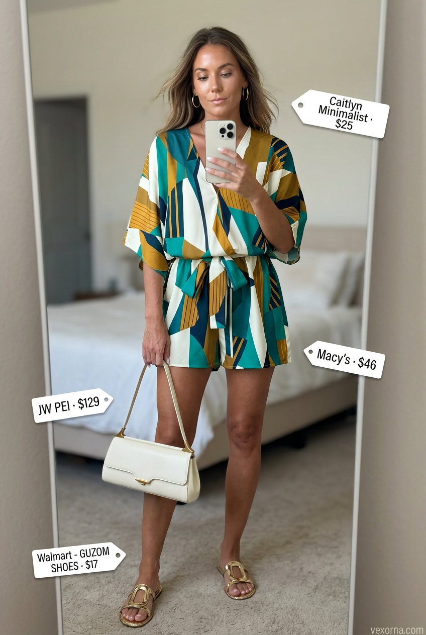 Playful teal and white geometric romper for summer day parties and vacations 2026. Fun and energetic.