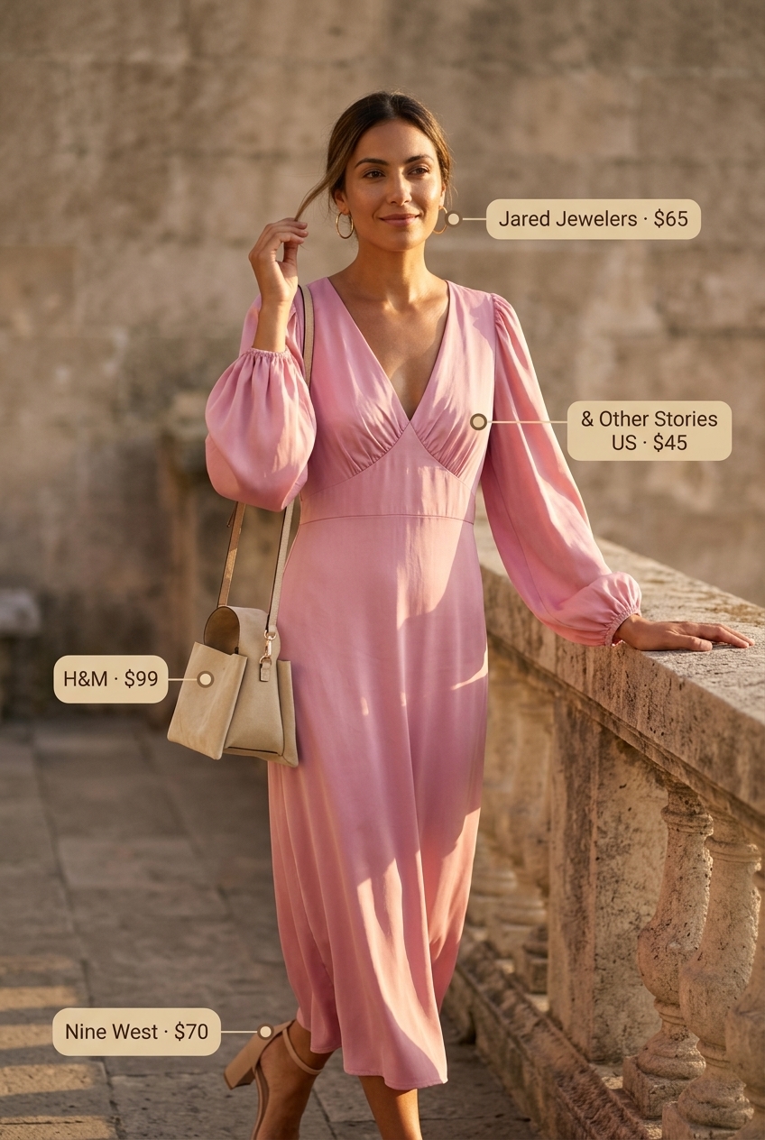 Blush pink shirt dress for women 2026, with block heel sandals and structured crossbody for a daytime event.