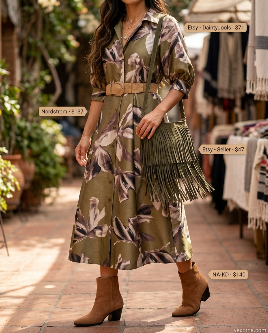 Boho summer shirt dress for women 2026 in terracotta abstract print with suede boots & fringe bag.