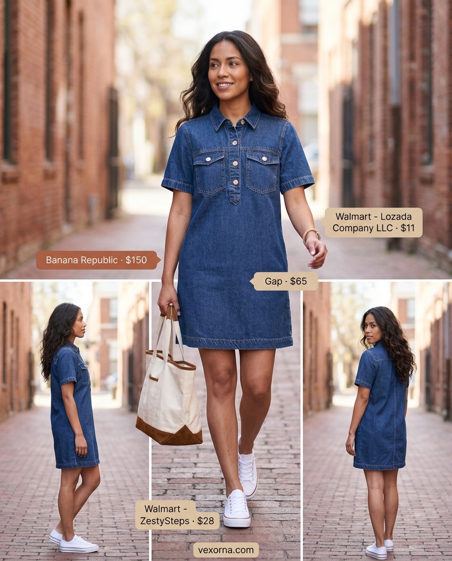 Casual denim summer shirt dress for women 2026 with canvas tote & white sneakers.