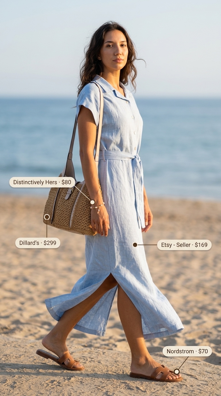 Coastal summer shirt dress for women 2026 in light blue linen blend with straw tote & slides.