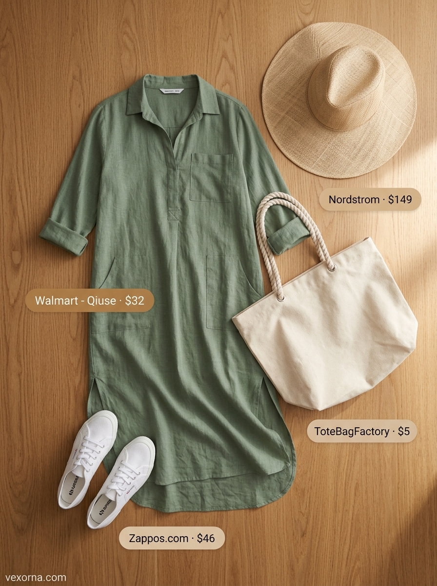 Coastal maxi summer shirt dress for women 2026 in sage green with straw hat & sneakers.