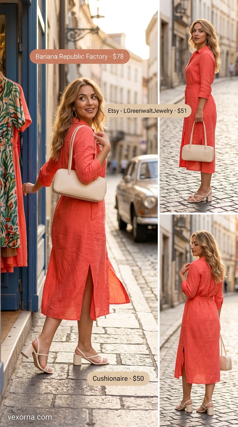 Coral cotton sateen shirt dress for women 2026, with block heels and top-handle bag for a summer party.