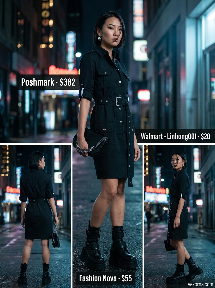Edgy utility summer shirt dress for women 2026 in black with combat boots & silver hoops.