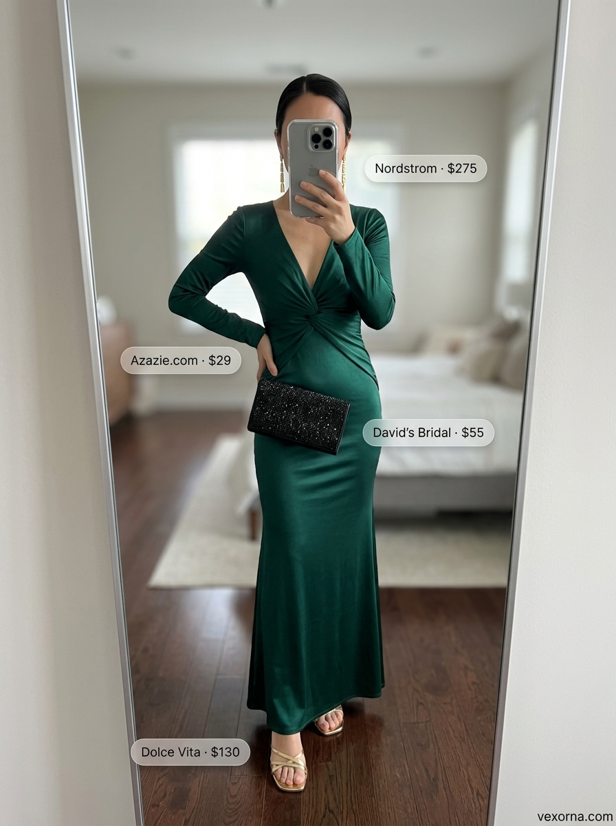 Elegant emerald green summer shirt dress for women 2026 with gold heels & clutch.