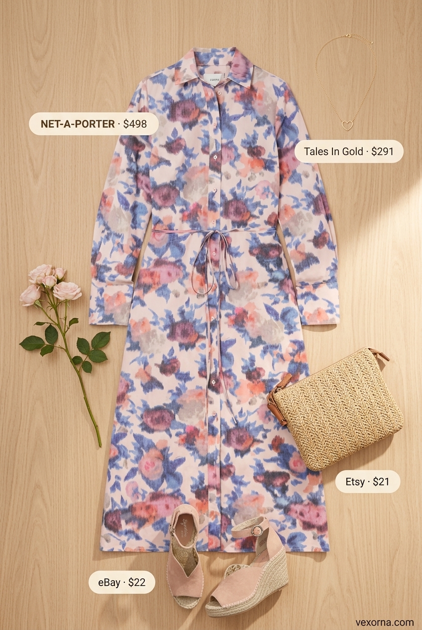 Pastel floral shirt dress for women 2026, paired with espadrille wedges and gold necklace for a garden party.