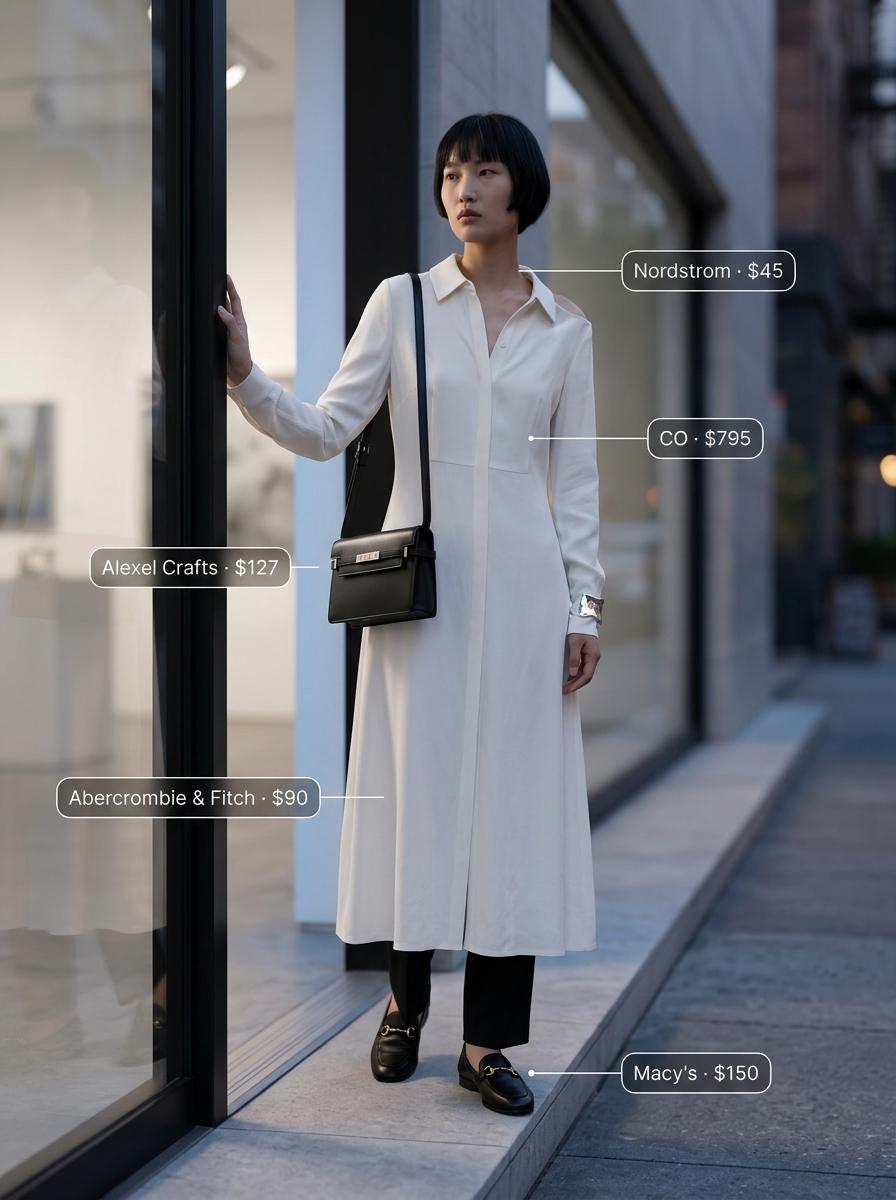 Ivory oversized shirt dress for women 2026, paired with black trousers and loafers for a minimalist look.