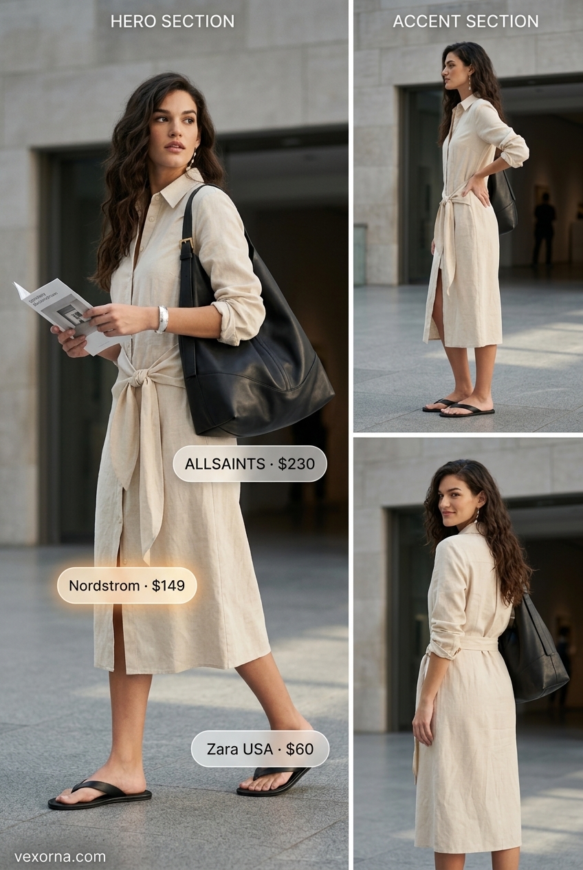 Minimalist summer shirt dress for women 2026 in beige linen with black sandals & silver cuff.