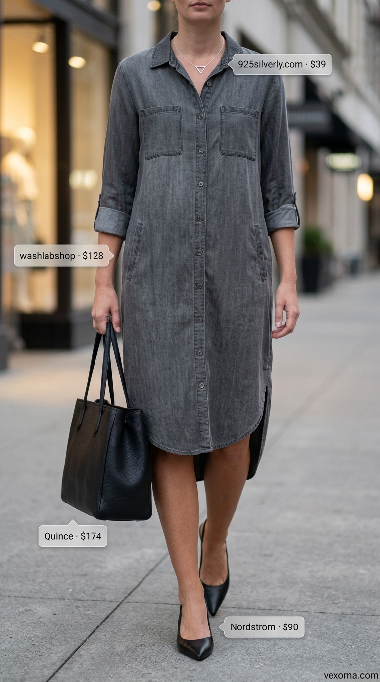 Modern minimalist summer shirt dress for women 2026 in charcoal grey Tencel with heels & tote.