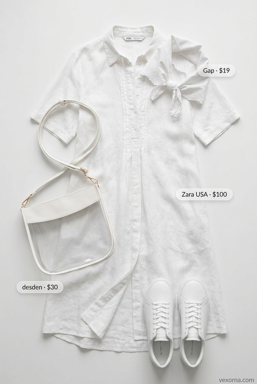 Monochromatic white linen shirt dress for women 2026, styled with white sneakers and PVC tote for a chic summer event.