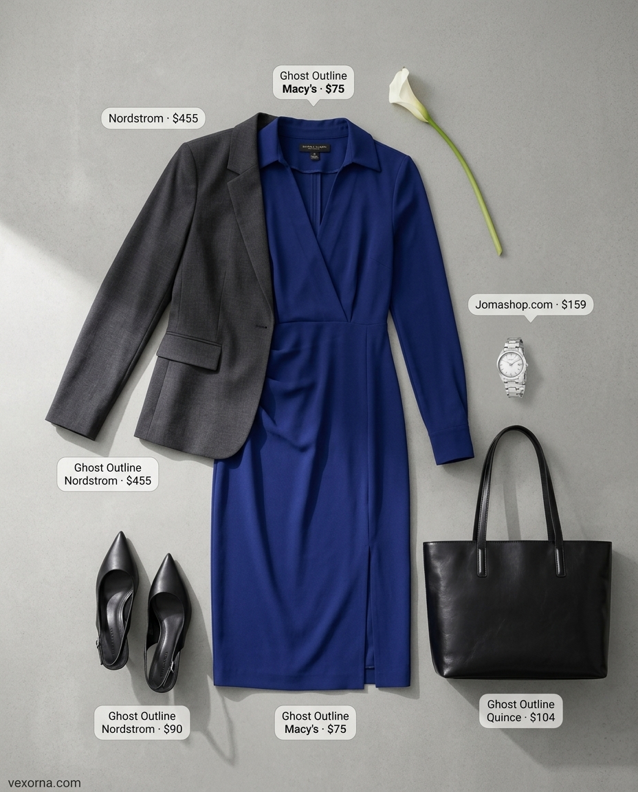 Navy blue shirt dress for women 2026, with blazer and pumps for professional workwear.