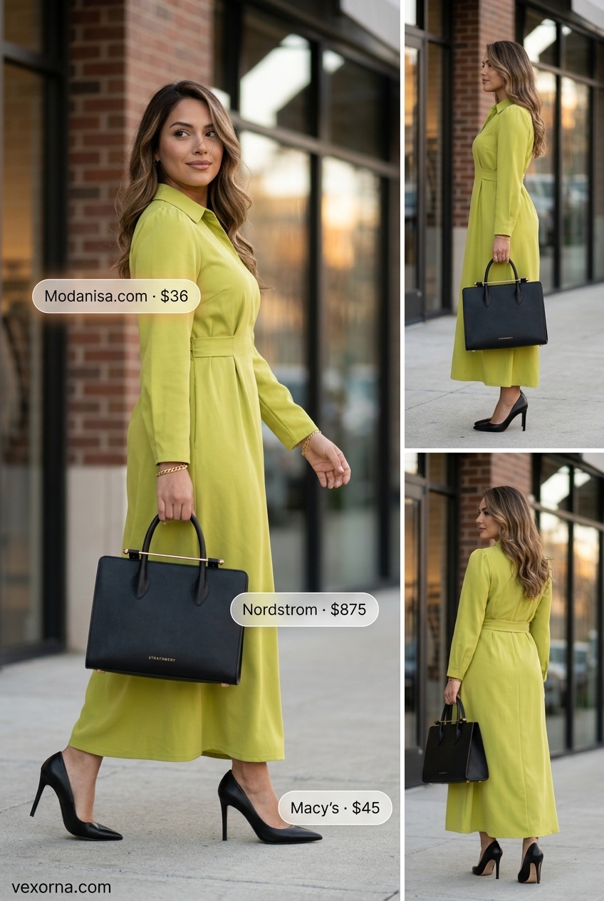 Olive green midi shirt dress for women 2026, with stiletto heels and tote for a sophisticated dinner.