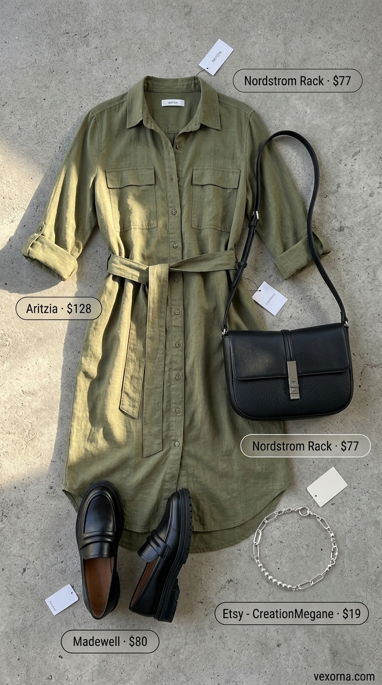 Olive green utility shirt dress for women 2026, with chunky loafers and black crossbody for urban exploration.