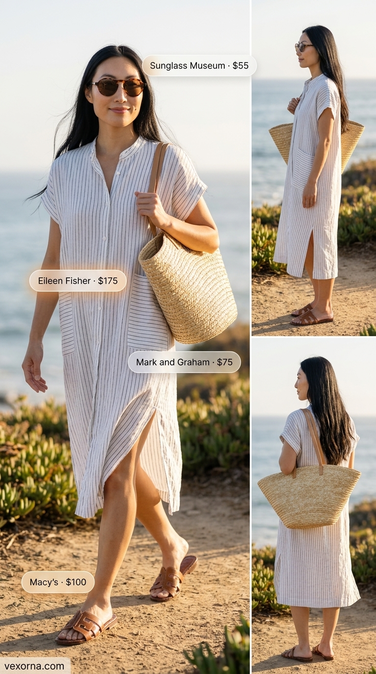 White linen shirt dress for women 2026, with straw tote and leather slides for a coastal beach day.