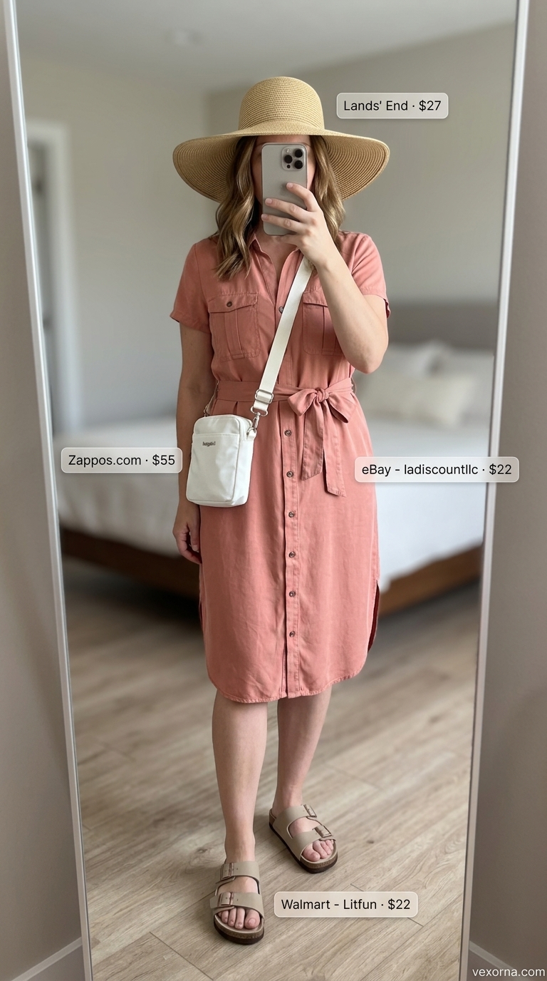 Soft coral Tencel shirt dress for women 2026, styled with straw hat and walking sandals for travel.