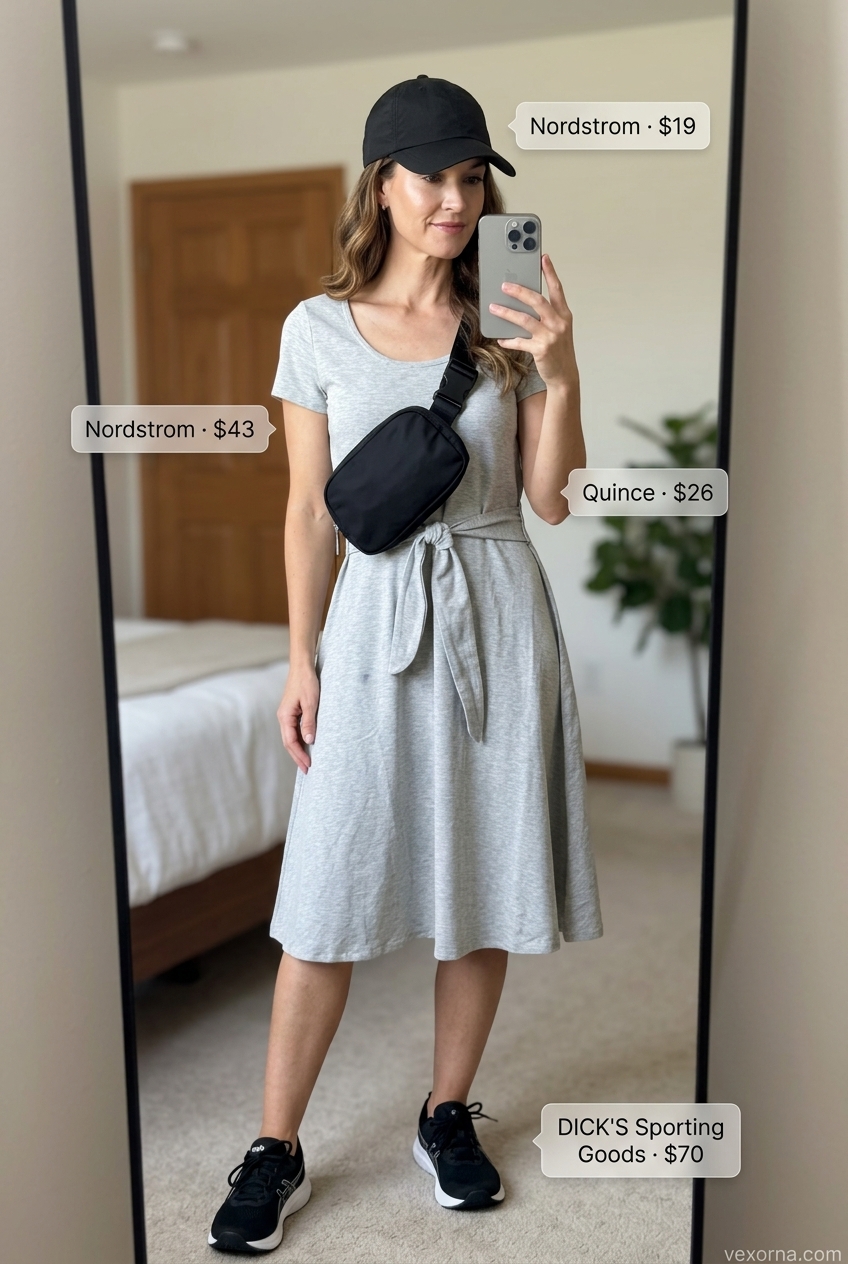 Heathered grey jersey shirt dress for women 2026, styled with a belt bag and sneakers for athleisure comfort.