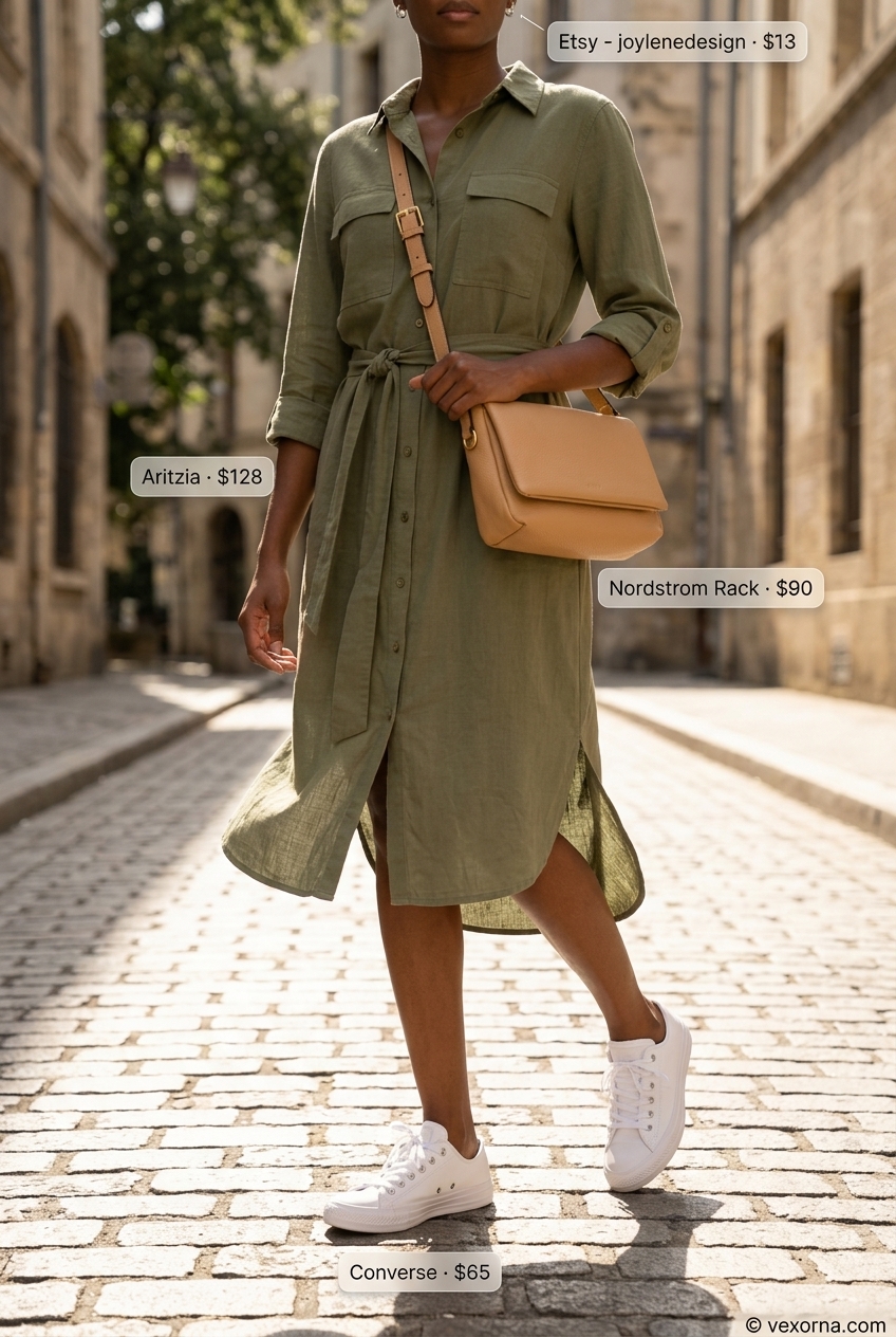 Olive green utility shirt dress for women 2026, styled with white sneakers and tan crossbody bag for casual weekend wear.