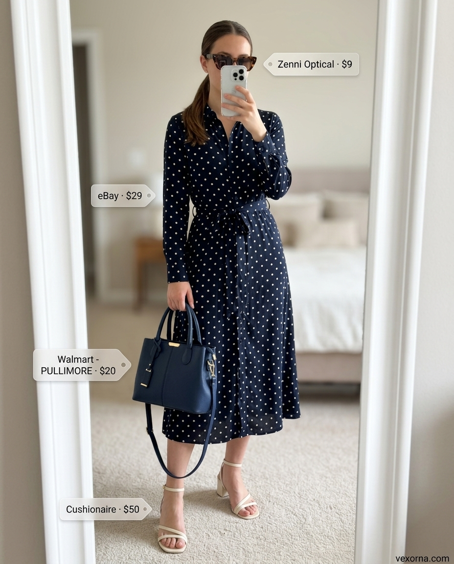 Navy and white polka dot shirt dress for women 2026, with block heels and cat-eye sunglasses for retro summer vibes.