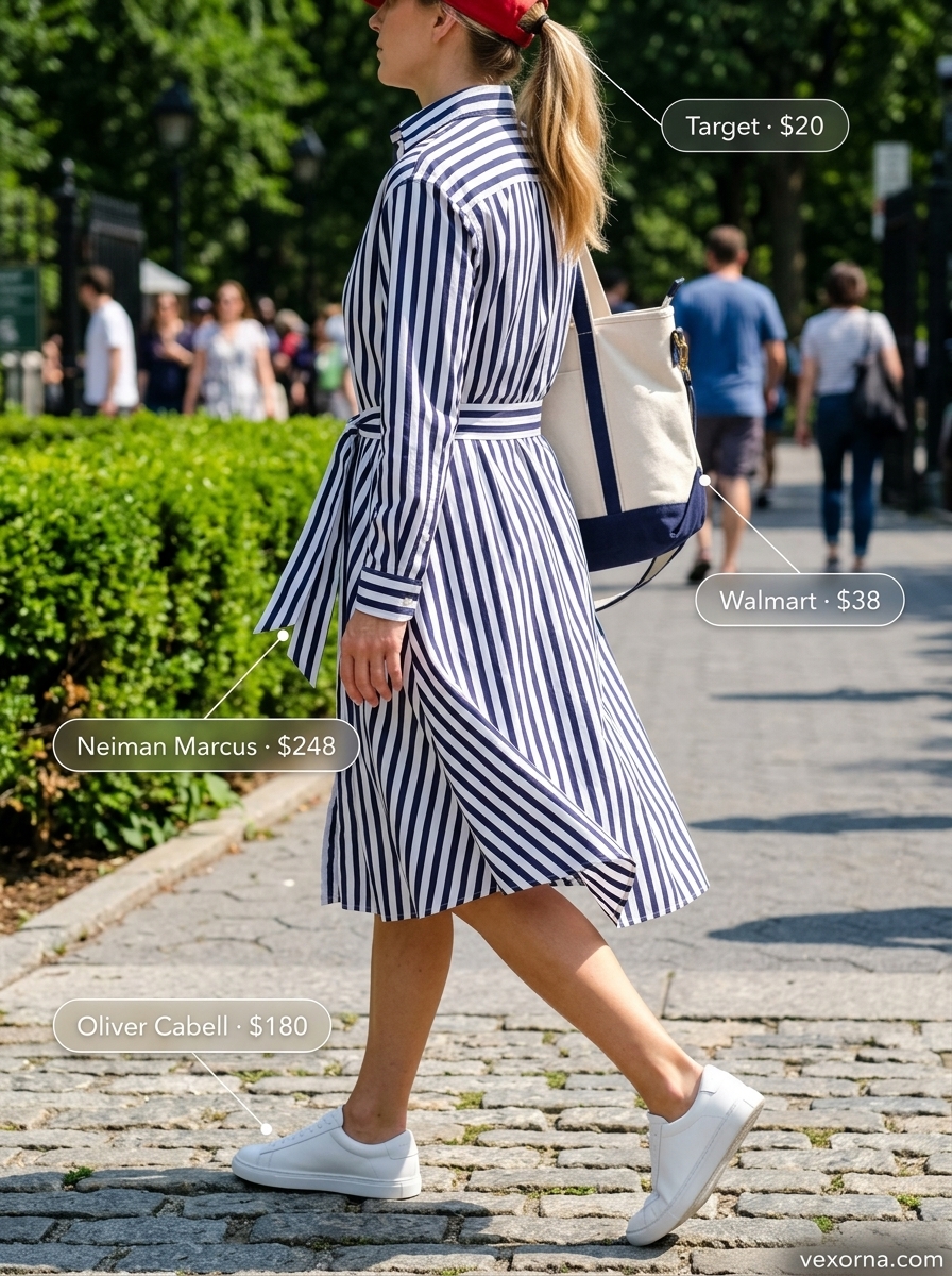 Navy and white striped shirt dress for women 2026, with red cap and canvas tote for a preppy summer look.