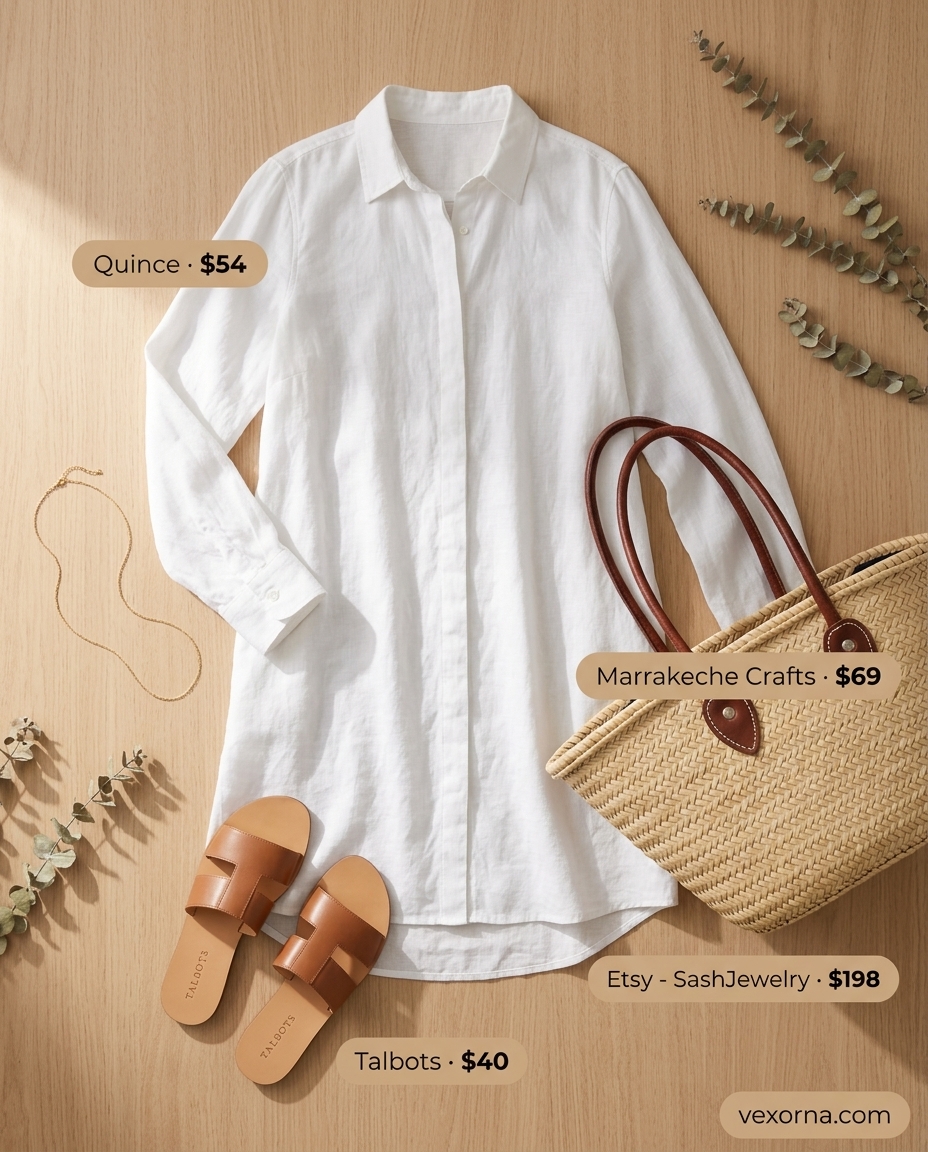 Crisp white linen shirt dress for women 2026, styled with straw tote and leather slides for a relaxed brunch.