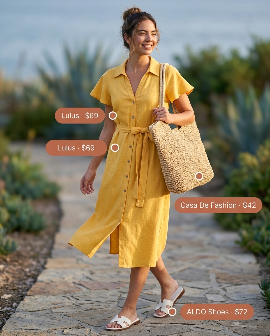 Bright yellow mini shirt dress for women 2026, styled with straw hat and tote for a vacation-ready look.