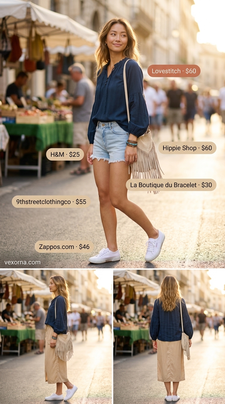 Artisan Market: Indigo smocked blouse, denim shorts, midi skirt, mules for summer smocked tops outfit 2026.