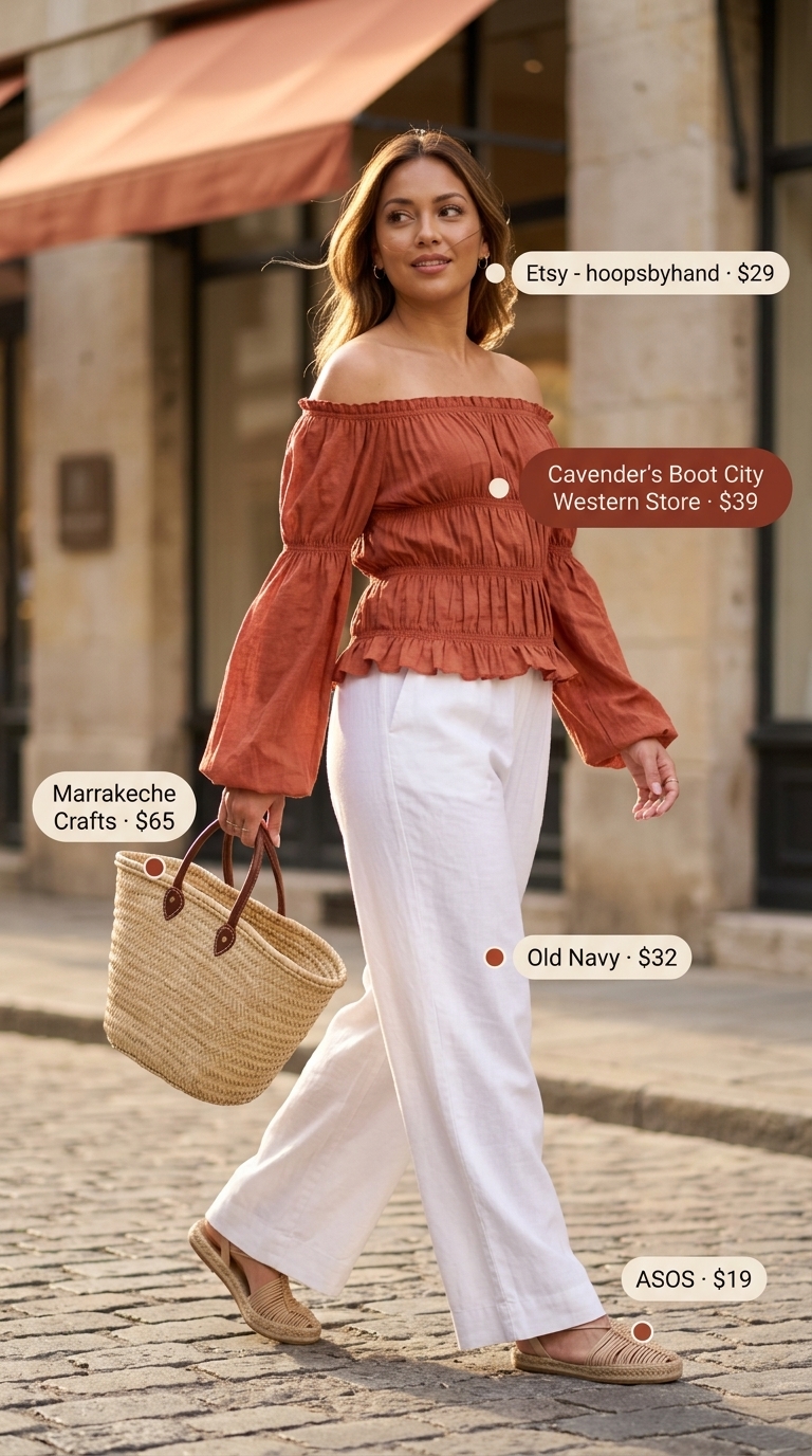 Bohemian terracotta smocked off-the-shoulder top with linen pants for summer evenings 2026.