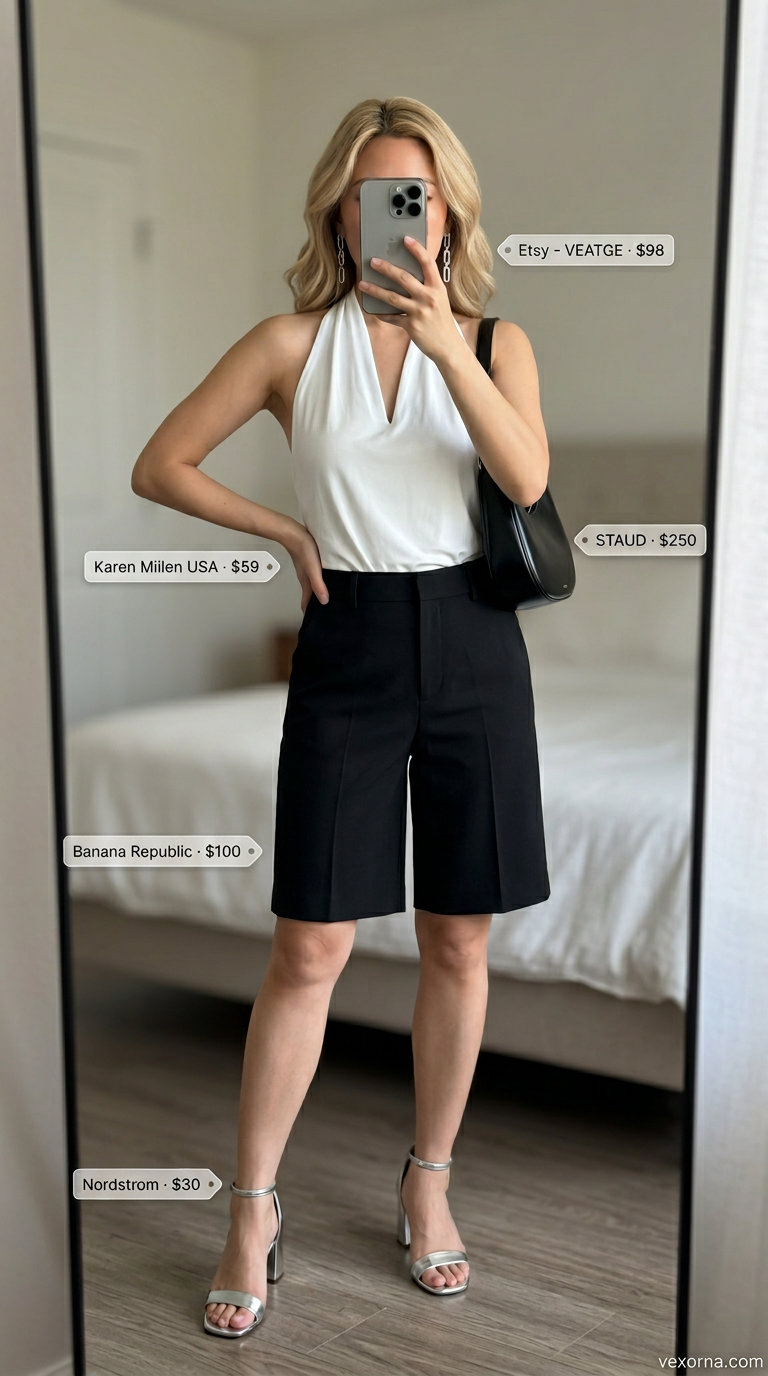 Chic ivory smocked bodysuit with black Bermuda shorts for city daytime 2026.