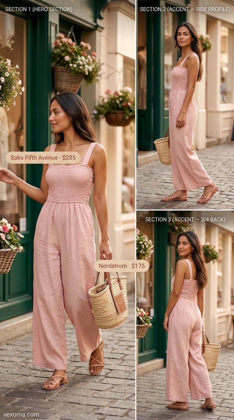 Chic Jumpsuit: Black smocked bodice wide-leg jumpsuit, gold earrings, nude heels for summer smocked tops outfit 2026.