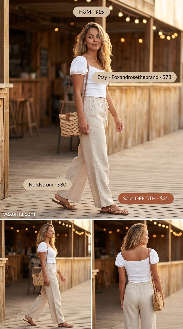 Coastal Breeze: White smocked off-shoulder top, linen pants, and slide sandals for summer smocked tops outfit 2026.