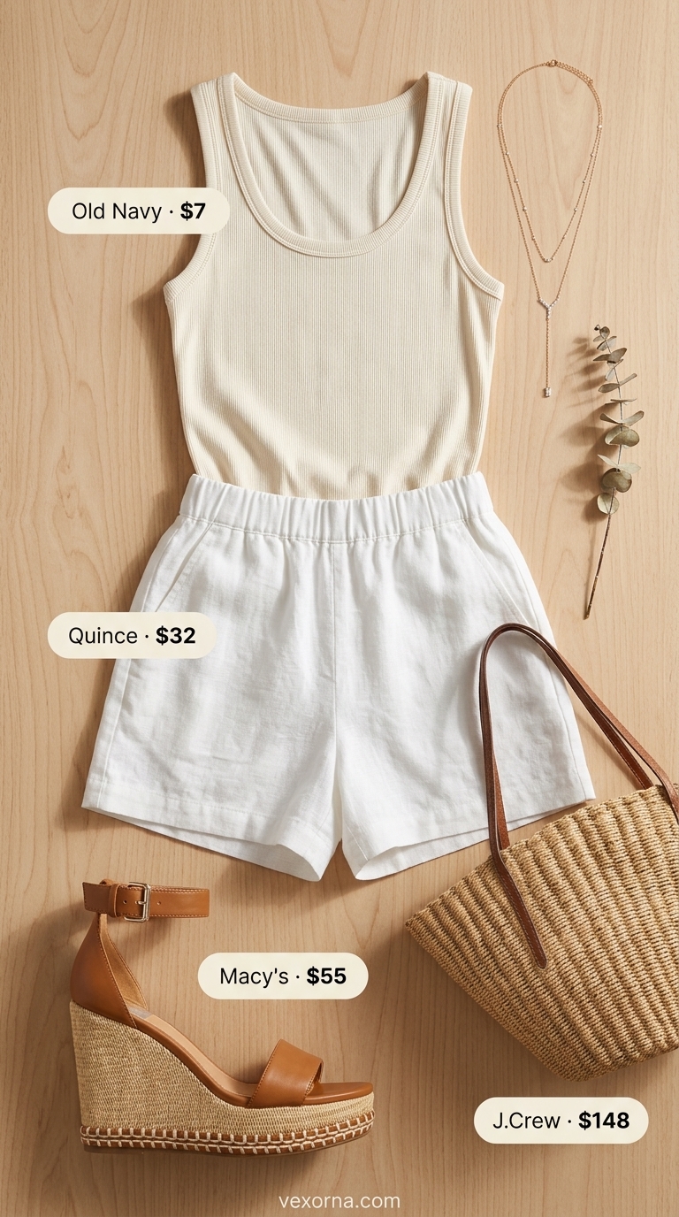 Effortless seafoam green smocked off-the-shoulder top with linen shorts for beach days 2026.