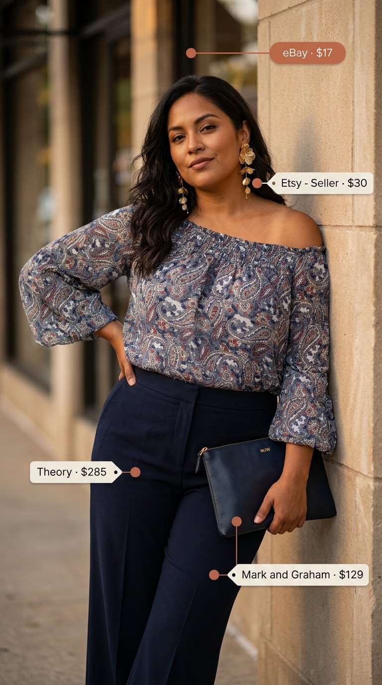 Sophisticated navy blue palazzo pants with a paisley print smocked top for summer events 2026.