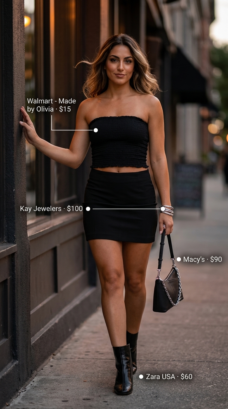 Edgy black smocked tube top with faux leather leggings for night out 2026.