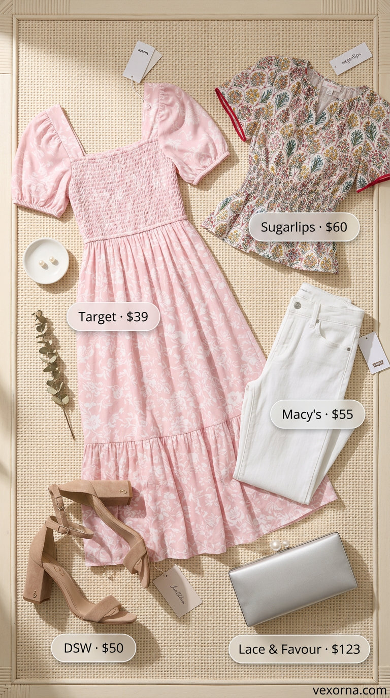 Garden Party Dress: Pastel floral smocked midi dress, espadrilles, straw bag for summer smocked tops outfit 2026.