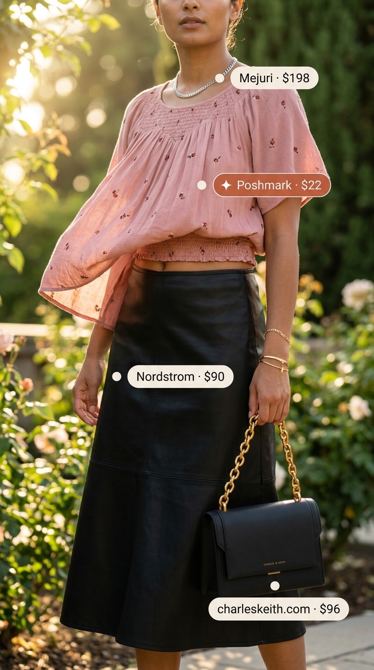 Romantic blush pink smocked peasant blouse with floral embroidery and midi skirt for garden parties 2026.