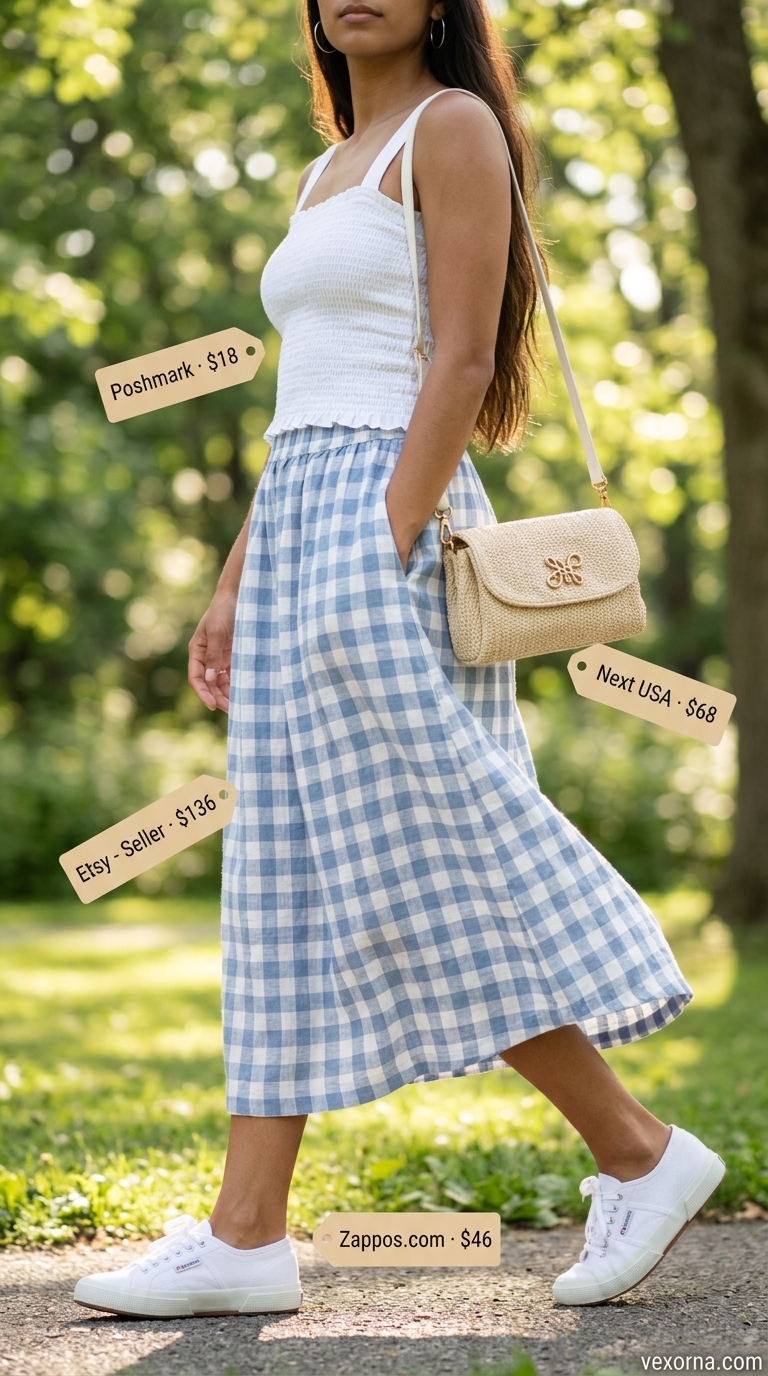 Sweet sky blue gingham smocked midi skirt with white tank top for picnics 2026.