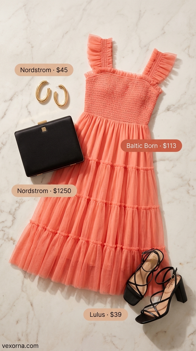 Sunset Fiesta: Coral smocked midi dress, gold earrings, strappy heels for summer smocked tops outfit 2026.
