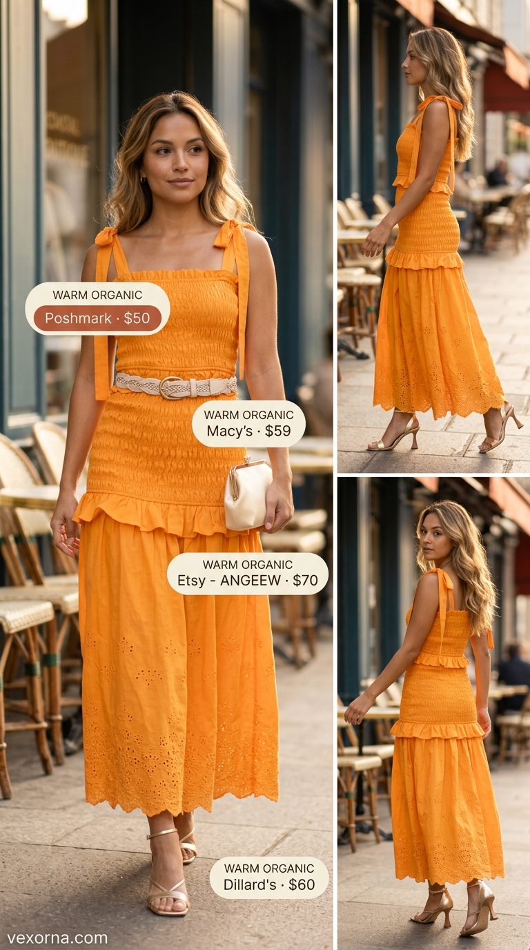 Vibrant sunset orange smocked maxi dress for summer evening out 2026.