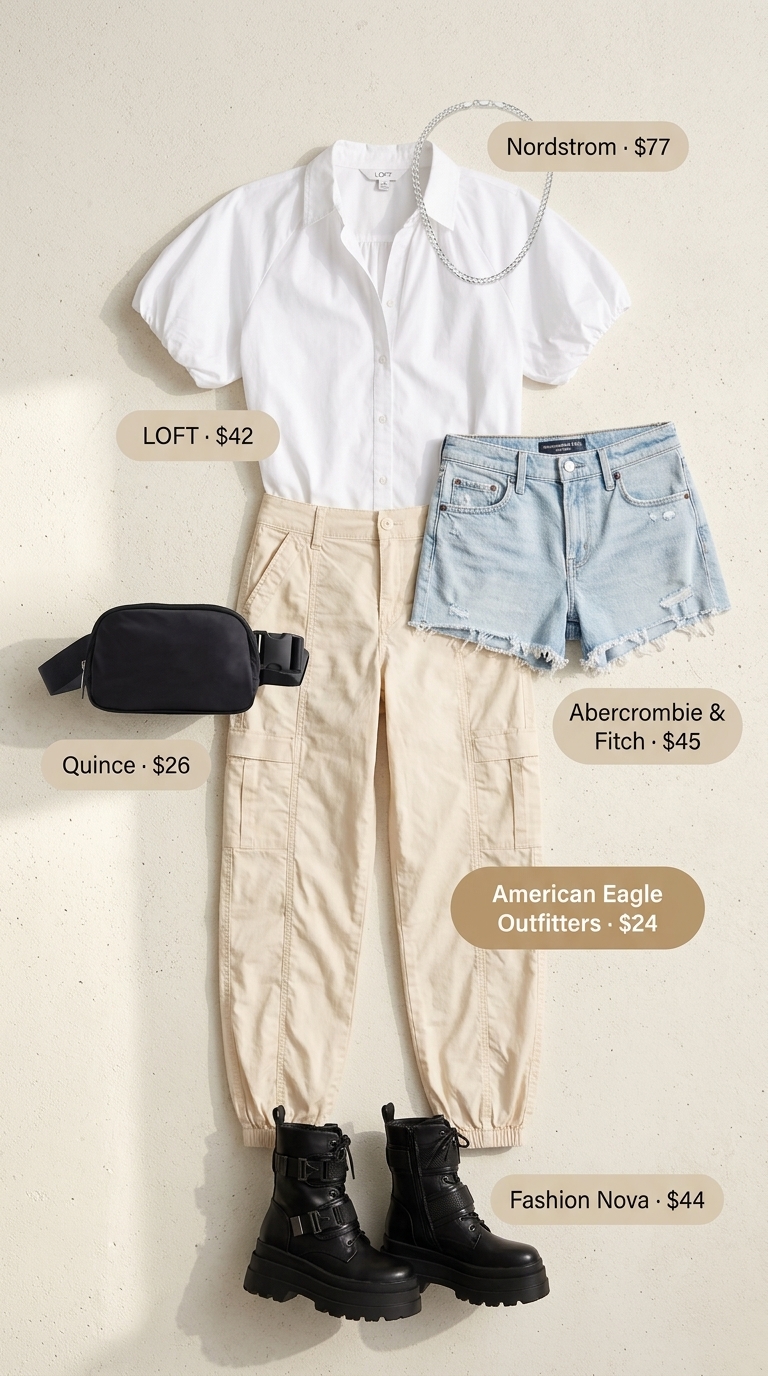 Urban Explorer: Olive smocked crop top, cargo pants, combat boots for summer smocked tops outfit 2026.