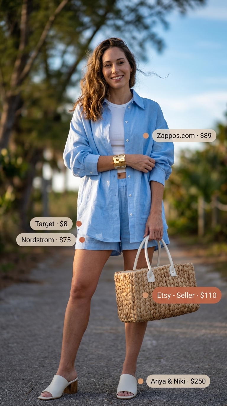 Tropical print smocked romper outfit for vacation 2026 with straw accessories.