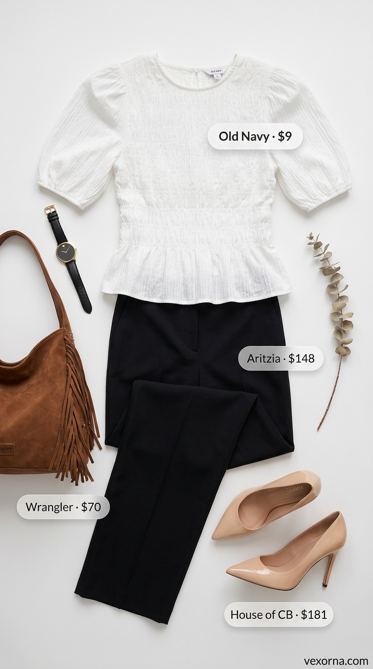 Polished white smocked top with black trousers for smart casual office 2026.