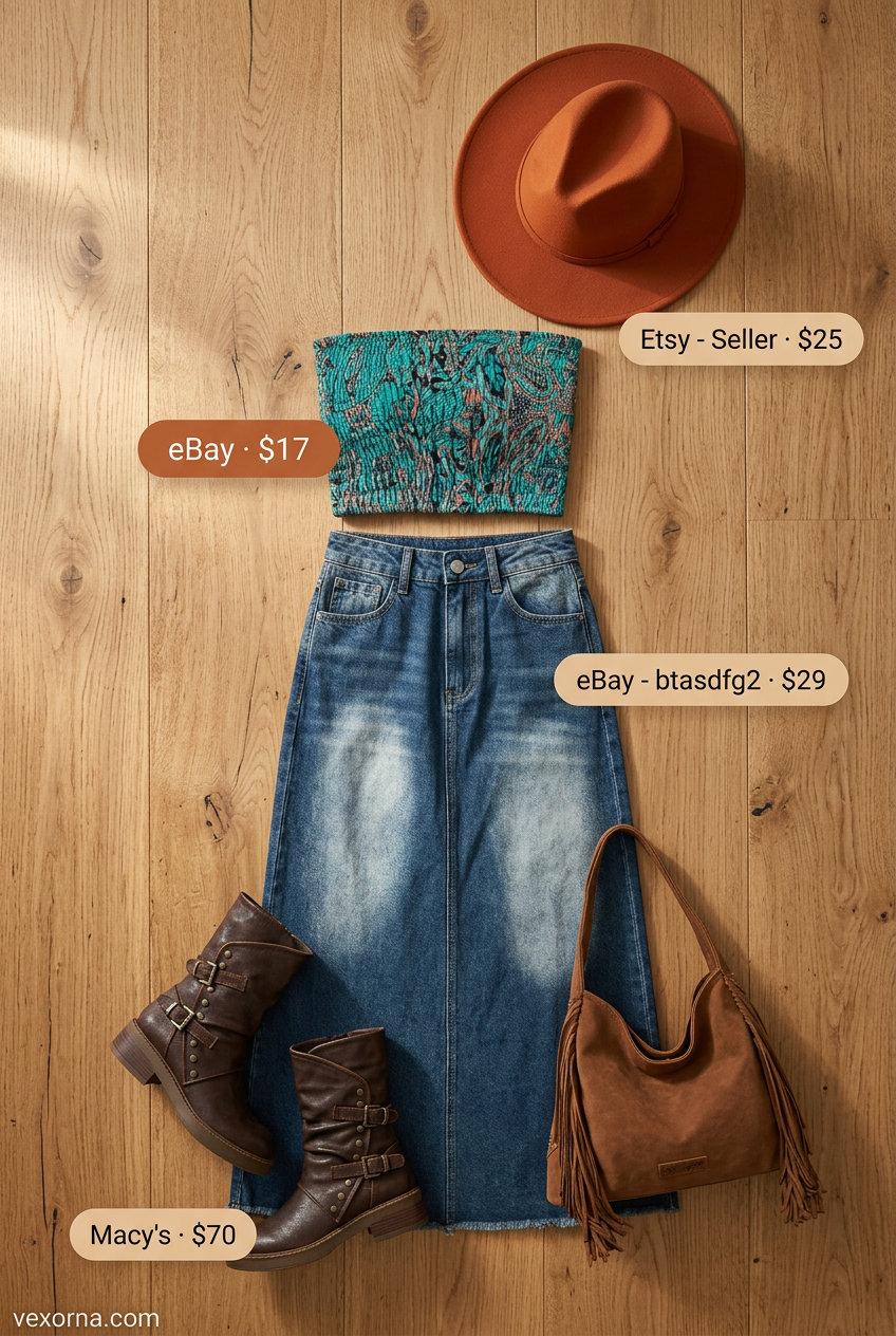 Boho summer tube top with maxi skirt outfits 2026: Teal paisley tube top, indigo denim maxi skirt, fringe bag.