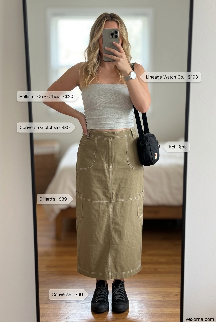 Casual city explorer outfit: Grey tube top, khaki utility maxi skirt, black sneakers. Summer tube top with maxi skirt outfits 2026.
